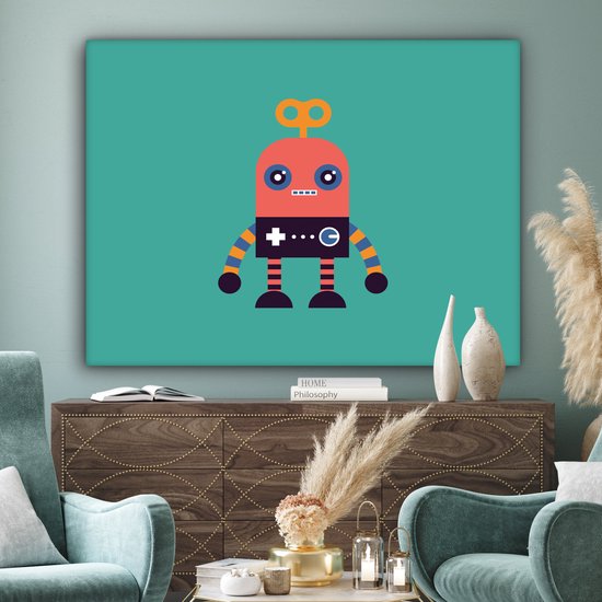 Tableau sur toile enfants - Décoration murale chambres d'enfants - Robot - Jouets - Vert - 160x120 cm - Toile enfants - Décoration murale