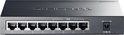 Zwarte TP-Link TL-SG1008P netwerkswitch met 8 poorten, 4 met PoE, en 48V stroomaansluiting.