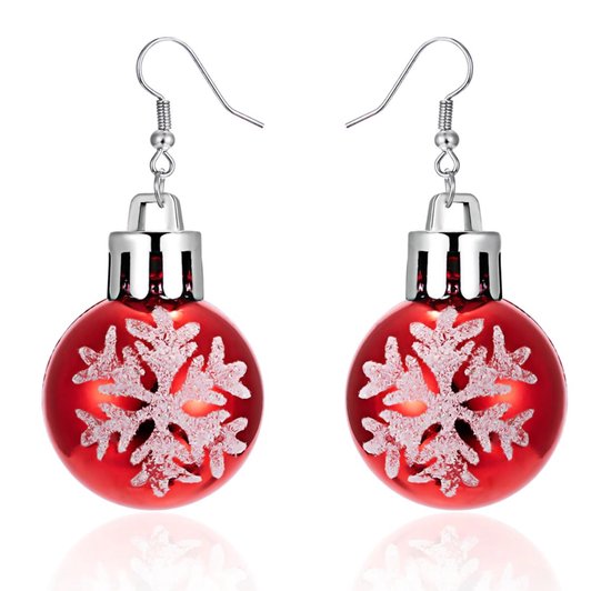 Oorbellen kerstballen rood sneeuwvlok 2,5 cm