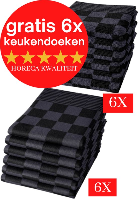 Droomtexiel® Horeca Kwaliteit Katoenen Theedoeken set - 6x Theedoeken - Antraciet-Zwart + Gratis 6 keukendoeken t.w.v €22,95