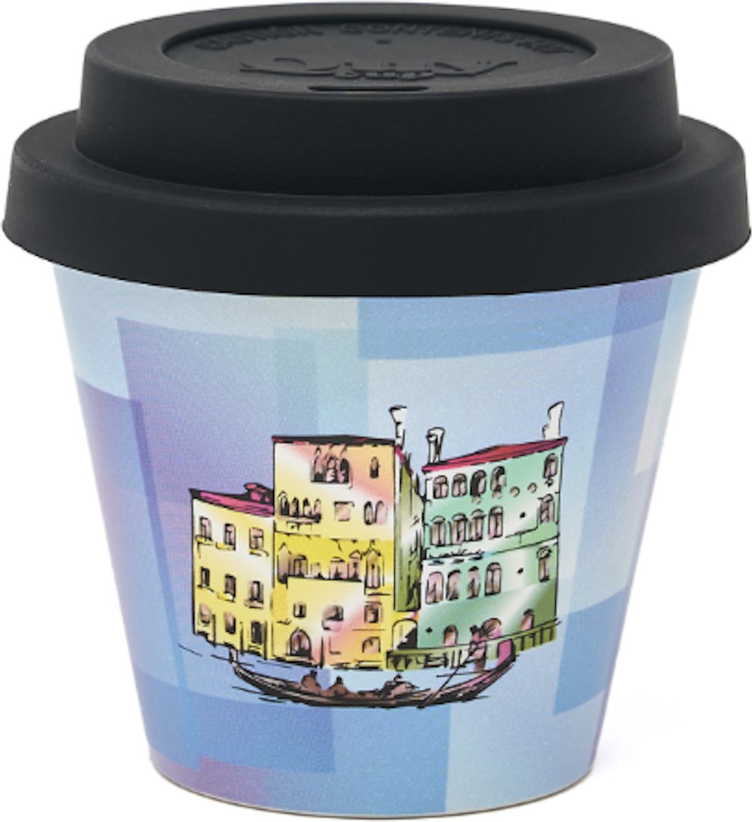 Quy Cup - 90ml Ecologische Reis Beker - Espressobeker City Collection “Venezia” met Zwarte Siliconen deksel