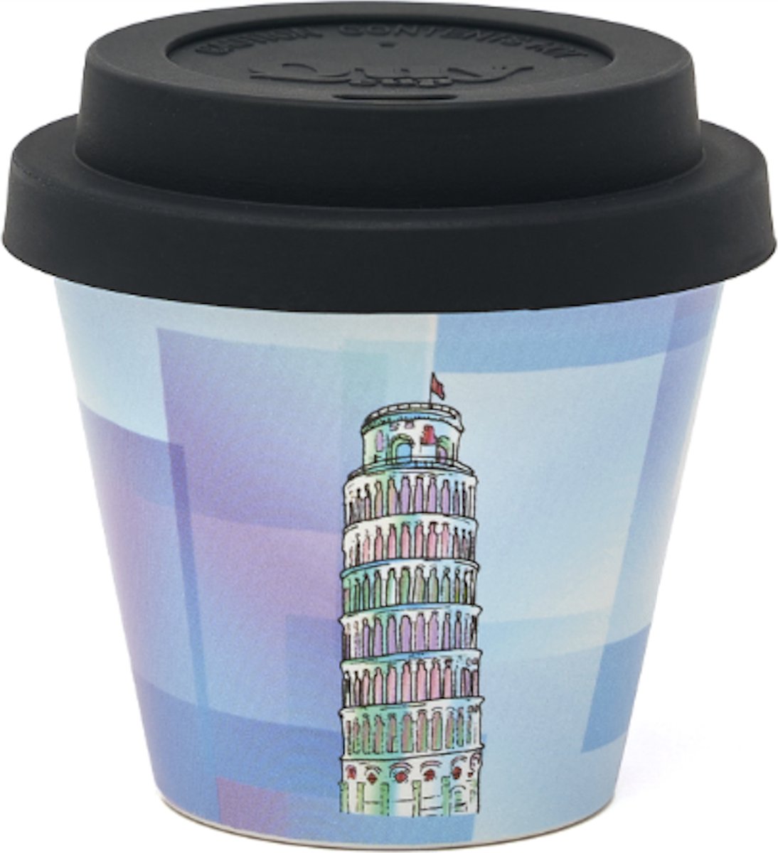 Quy Cup - 90ml Ecologische Reis Beker - Espressobeker City Collection “Pisa” met Zwarte Siliconen deksel