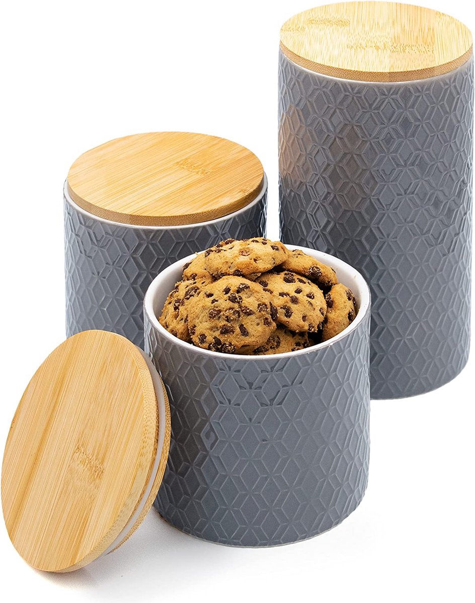 Keramische voorraadpotten met deksels in grijs - Keramische potten set van 3 - Luchtdicht - Modern & Decoratief - Vaatwasmachinebestendig - voor koffie thee ontbijtgranen