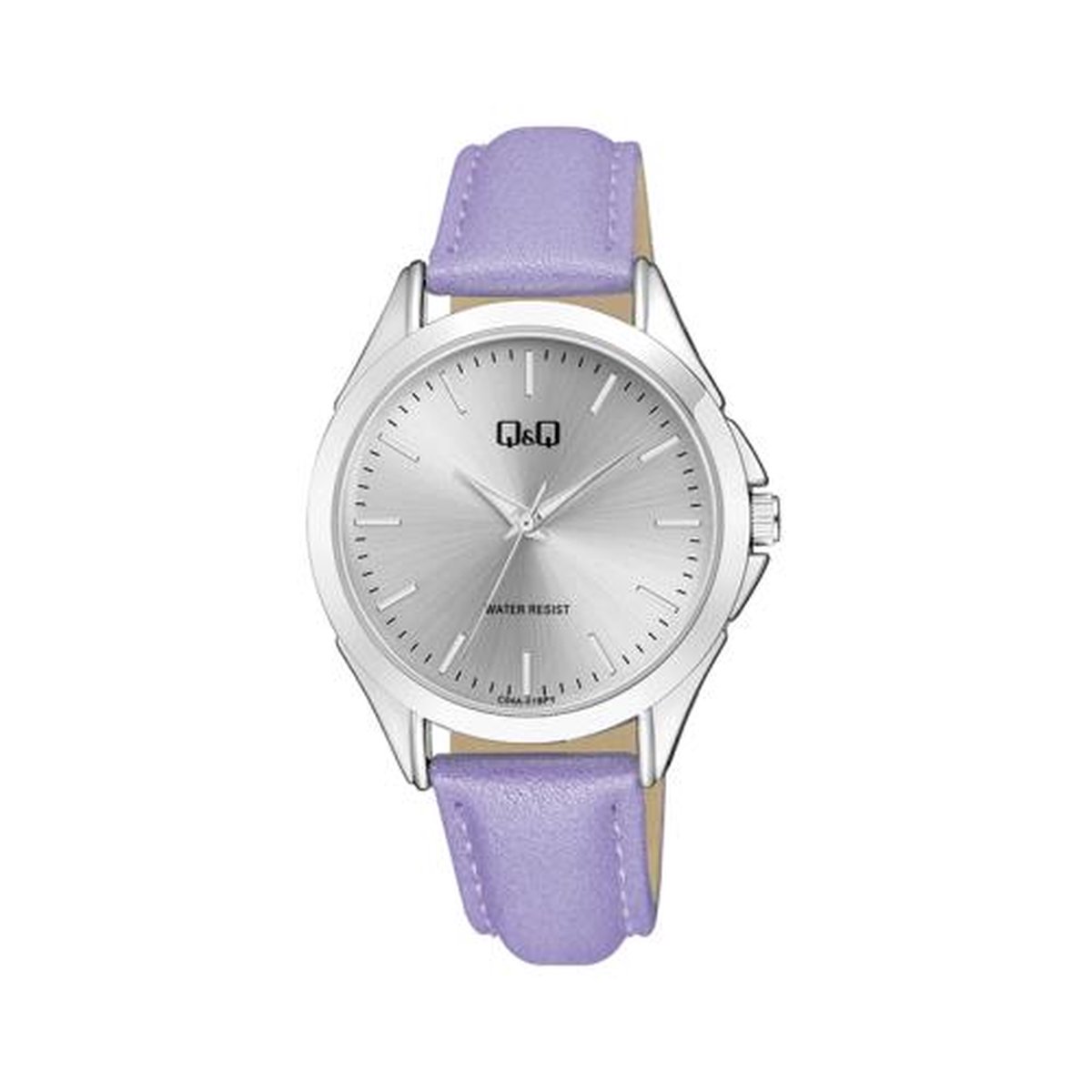 QQ C04A-018PY - Horloge - Analoog - Unisex - Leren band - Rond - Metaal - Streepjes - Paars - Zilverkleurig