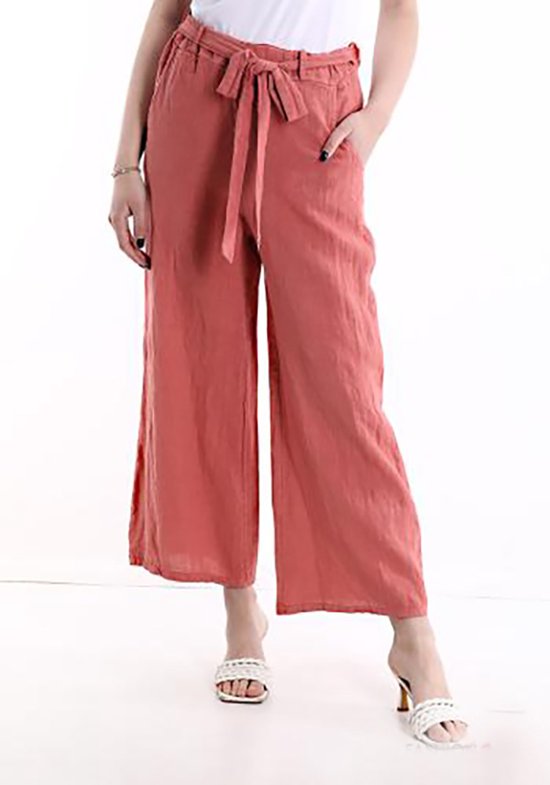 Puur linnen broek voor dames 7/8 met elastische talie band en een strikje -  zijzakken... | bol.com