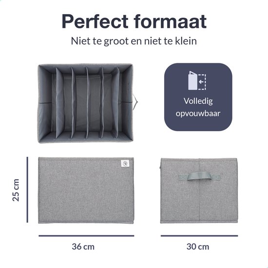 Boîte de rangement grise en tissu avec 6 compartiments, 36x25x30 cm. Entièrement pliable.