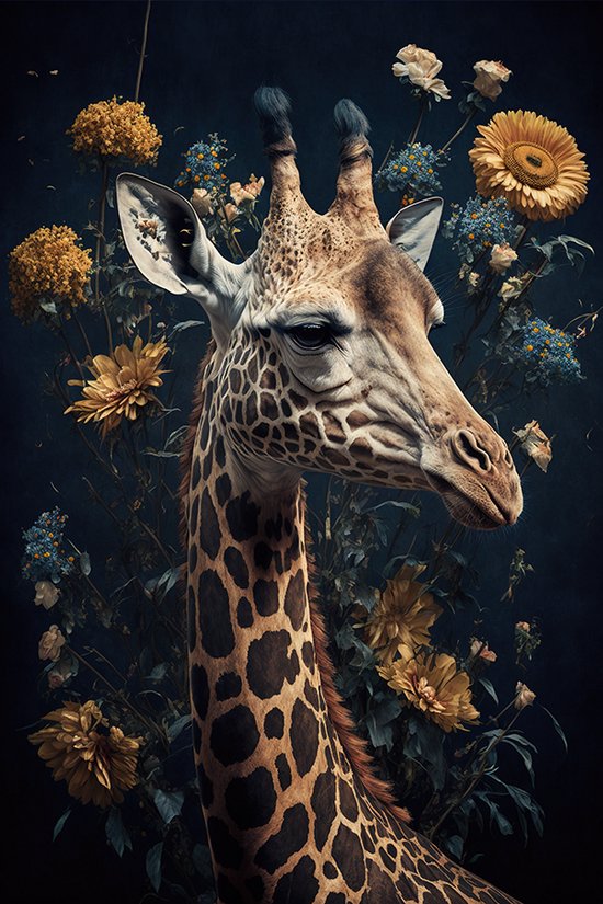 Giraffe met bloemen poster - 80 x 120 cm