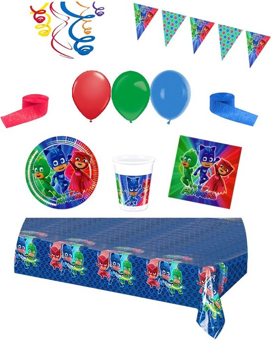 PJ Masks - Pyjamahelden - Feestpakket - Feestartikelen - Kinderfeest - 8 Kinderen - Tafelkleed - Bekers - Servetten - Bordjes - ballonnen - Slingers - letterbanner
