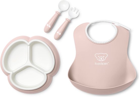 Ensemble Repas Bébé BabyBjörn - 4 Pièces Rose Pastel - Assiette, Couverts Et Verre Anti-Renversement
