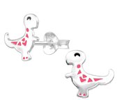 Joy|S - Zilveren dino oorbellen - 10 x 9 mm - zilver met roze dinosaurus - kinderoorbellen