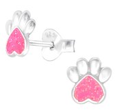 Joy|S - Zilveren kat hond dierenpoot oorbellen - zilver roze met glitters - 6 mm - poot afdruk - kinderoorbellen