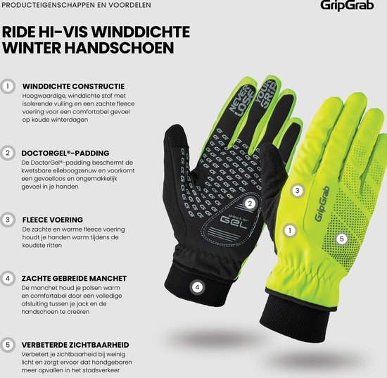 GripGrab hi-vis winterhandschoenen met winddichte constructie, DoctorGel-padding en fleece voering in het geel.