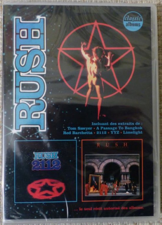 De hoes van de Rush "2112" DVD toont een rode ster met een naakte man in het midden. Links een "2112" logo, rechts de "Moving Pictures" albumhoes. Incl. Tom Sawyer, A Passage To Bangkok.