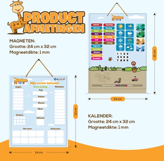 Afmetingen van de magnetische kalender en onderdelen, met een kinderillustratie van een giraf.