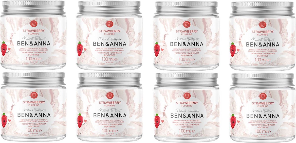 Ben & Anna - Strawberry Fluoride Anti-tandplaktandpasta 100 ml - 8 Pak - Voordeelverpakking