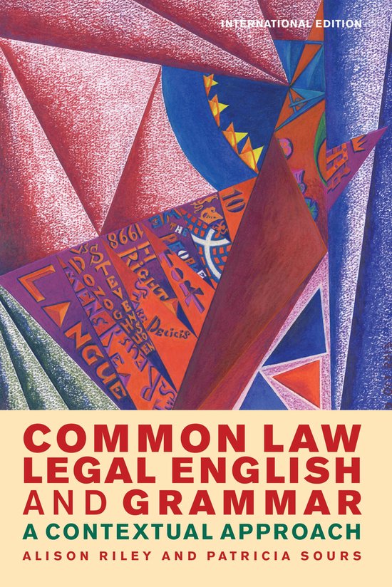 Boekcover van 'Common Law Legal English and Grammar' met abstracte, kleurrijke geometrische vormen in rood, blauw en paars, en de titel in grote rode letters.