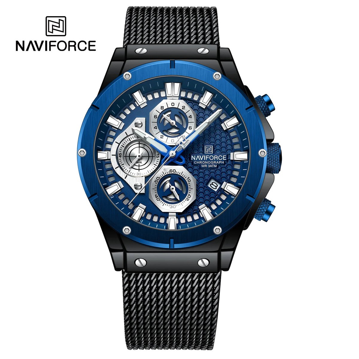 NAVIFORCE horloge voor mannen, met zwarte metalen polsband, blauwe met zwarte horlogekast en grijze wijzerplaat met in het donker oplichtende wijzers ( model 8027S BBE ), verpakt in een mooie geschenkdoos