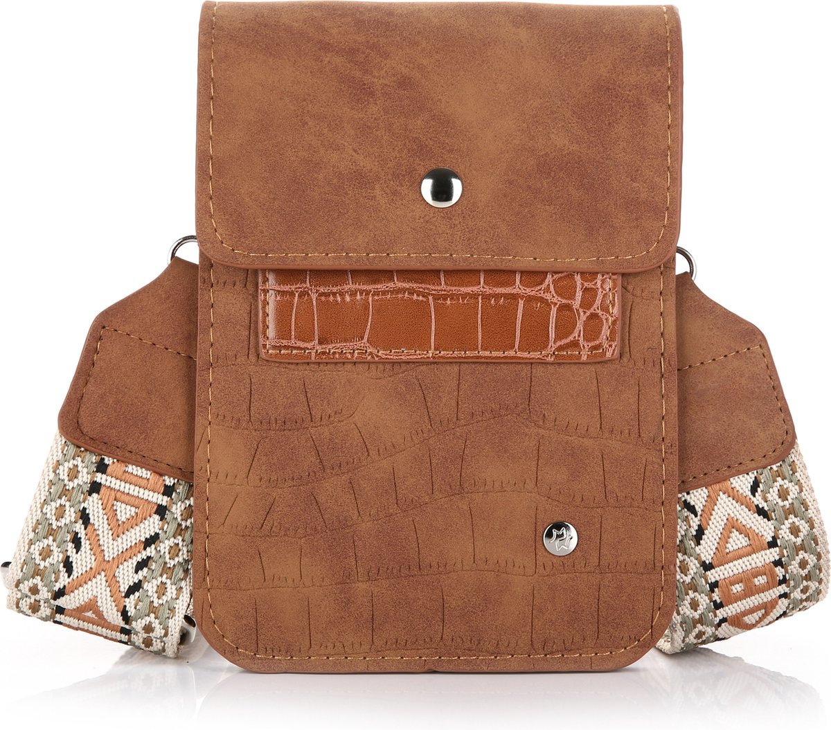 Telefoontasje - Crossbodytas - Bruin crocoprint met luxe brede geweven band