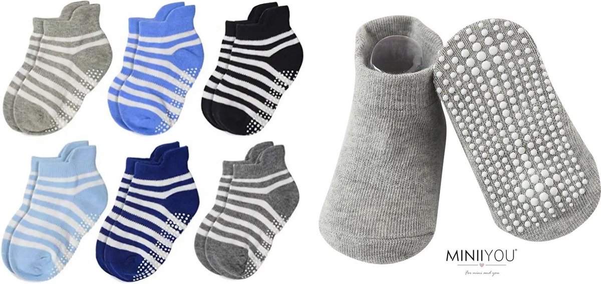 6 Paar - Antislip Sokken Kind Baby - 1-3 jaar - Strepen Wit Lichtblauw Grijs - Enkelsokken - Verbeterde kwaliteit - MINIIYOU