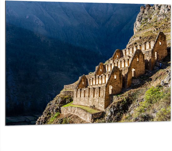 Dibond - Pinkuylluna Ruïne Inca Trail Peru - 100x75 cm Foto op Aluminium (Wanddecoratie van metaal)