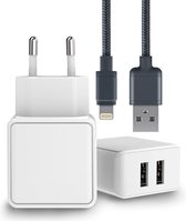 USB Oplader 12W + USB-A Kabel - 2 Meter - Nylon - Extra Sterk - Snellader - Geschikt voor iP 6,7,8,SE,X,Xr,Xs,11,12,13,14 en iPad Air 1/2, 2017/2018, 10.2