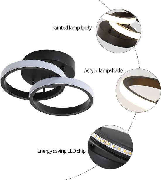 Zwarte plafondlamp met twee witte, ringvormige lampenkappen en zichtbare LED-chips.