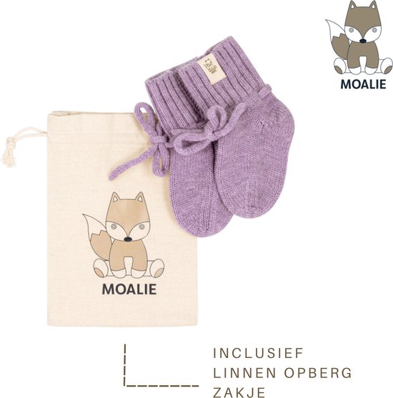 Moalie ®- Baby - Pasgeboren - meisje - Babyslofjes - babysokken - Merino wol - lavendel - lila - wollen sokken - linnen opbergzakje -kraamcadeau