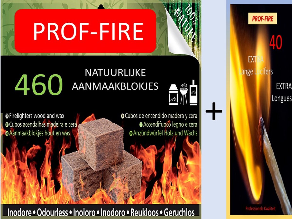 Prof-Fire - Voordeelbox 460 Aanmaakblokjes Bruin + 1 Doos Lange Lucifers - Co2 Neutraal - Milieuvriendelijk - Fire-Up kwaliteit