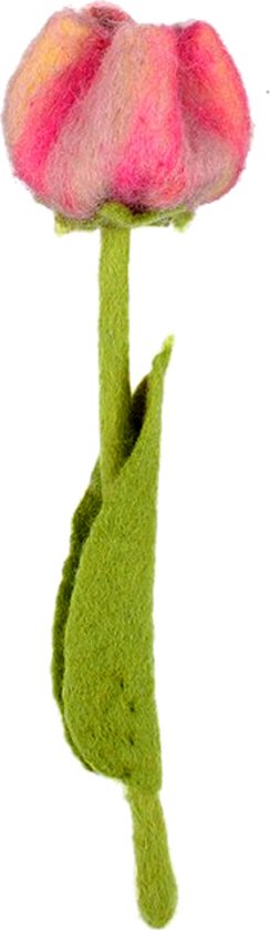 Vilten Tulp met Geel - Groene Steel - 32cm