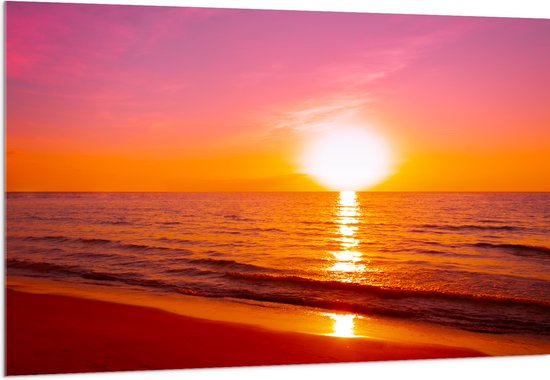 Acrylglas - Feloranje Zonsondergang bij Rozekleurige Lucht boven Zeewater - 150x100 cm Foto op Acrylglas (Met Ophangsysteem)