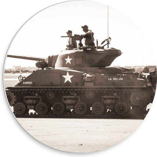 WallClassics - PVC Schuimplaat Muurcirkel - Tank uit het Leger in het Zwart Wit - 30x30 cm Foto op Muurcirkel (met ophangsysteem)