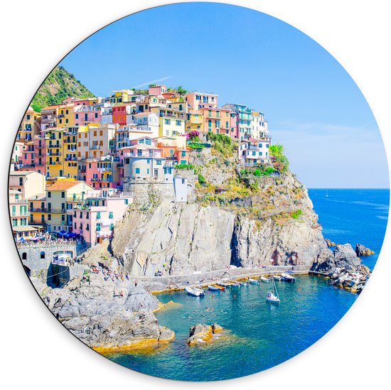 Dibond Muurcirkel - Kleurrijke Huisjes in Nationaal Park Cinque Terre bij de Italiaanse Kust - 60x60 cm Foto op Aluminium Muurcirkel (met ophangsysteem)
