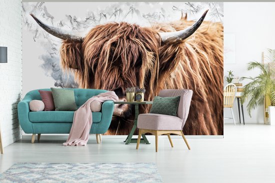 Papier peint - Papier peint photo peint Highlander écossais - Animaux - Fumée - Largeur 525 cm x hauteur 350 cm