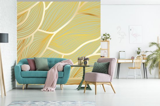 Behang - Fotobehang Gouden golven op een groene achtergrond - Breedte 220 cm x hoogte 220 cm