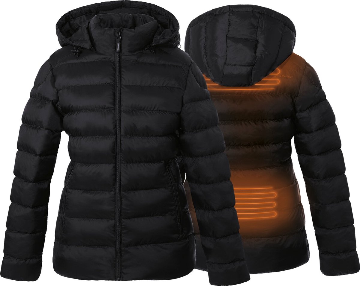 Verwarmde gewatteerde jas - Slim fit voor dames - Met verstelbare kap - Rapid power technologie zonder powerbank - zwart