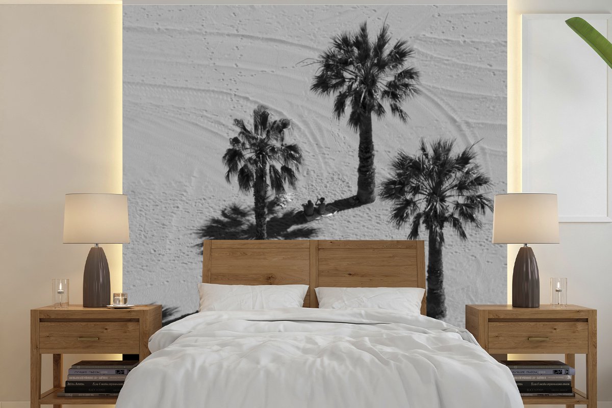 Behang - Fotobehang Palmbomen op een strand in Tenerife - Zwart-Wit - Breedte 350 cm x hoogte 350 cm