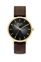 Frank 1967 7FW 0027 Metalen Horloge met Bruine Leren Band -Doorsnee 42 mm - Zwart/ Goudkleurig