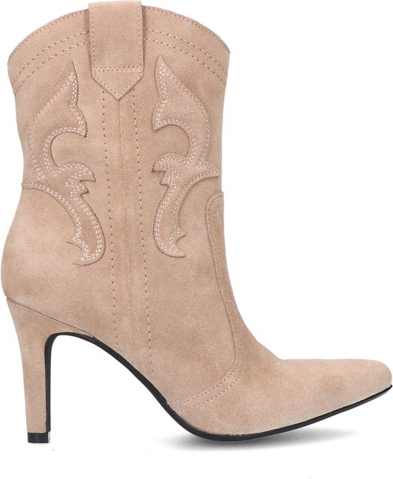 Manfield - Dames - Beige suède cowboy laarzen met hak - Maat 38