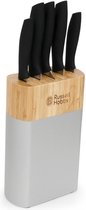 Russell Hobbs Messenset - 5 delig met messenhouder - Roestvrijstalen messen - Ergonomisch design - Met bamboe - designblok - De messenset bevat de volgende messen: Koksmes - Snijmes - Broodmes - Utilitymes - Schilmesje