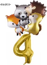 Snoes Ballonnen - Gouden Cijferballon 4 Jaar Set Bosdieren – Dieren Feestpakket - Kinderverjaardag