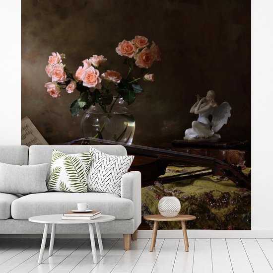 Papier peint - Papier peint photo - Violon - Nature morte - Fleurs - Largeur 240 cm x Hauteur 240 cm