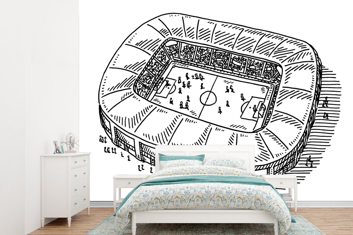 Behang - Fotobehang Een zwart-wit illustratie van een voetbalstadion - Breedte 305 cm x hoogte 220 cm