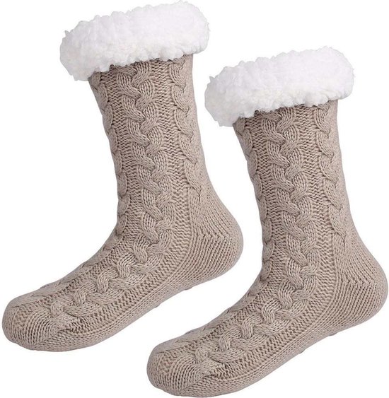 Beige Huissokken - OneSize - Unisex Dames en Heren - Warme winter sokken - Anti Slip Sokken - Dikke Fleece Sokken - Bedsokken