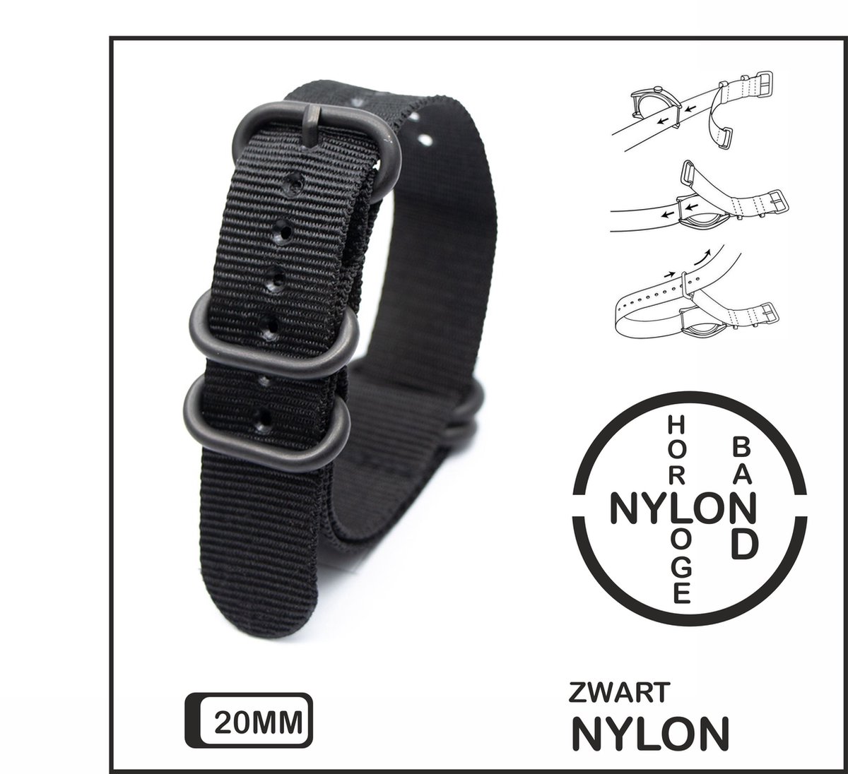 20mm Premium Nato Strap Zwart - Vintage James Bond - Nato Strap collectie - Mannen - Vrouwen - Horlogeband - 20mm bandbreedte voor oa. Seiko Rolex Omega Casio en Citizen