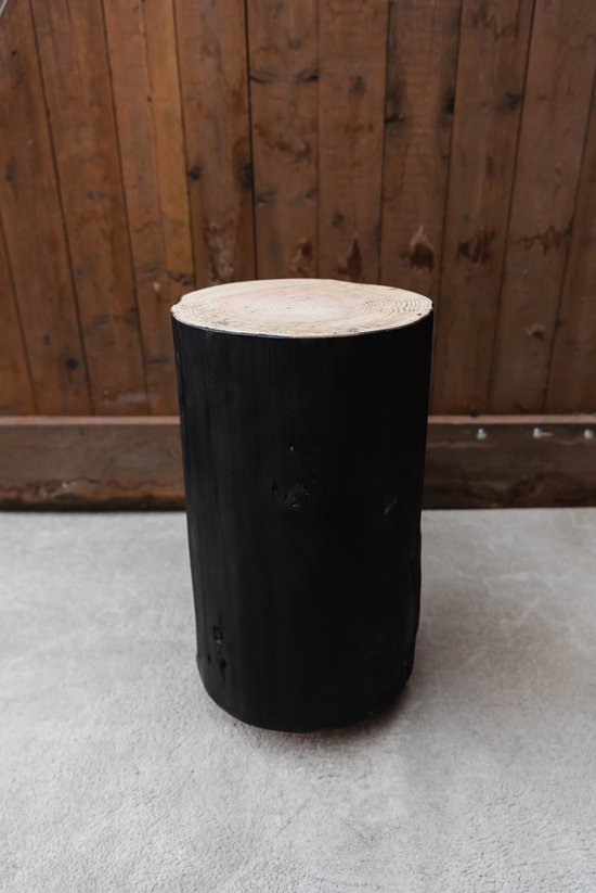 Boomstam tafel 50 cm hoog met wieltjes zwart