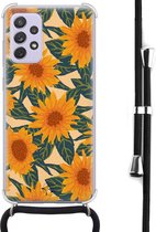 Hoesje met koord geschikt voor Samsung Galaxy A52 5G - Zonnebloemen - Inclusief zwart koord - Crossbody beschermhoes - Transparant, Oranje - Mooie Telefoonhoesjes
