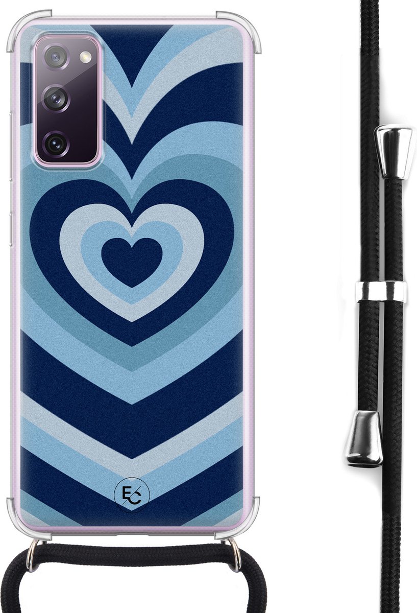 Hoesje met koord geschikt voor Samsung Galaxy S20 FE - Hart blauw - Inclusief koord - Crossbody beschermhoes - Transparant, Blauw - ELLECHIQ