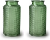 Jodeco Bloemenvazen - 2x stuks - groen/transparant geribbeld glas - H26 x D13 cm