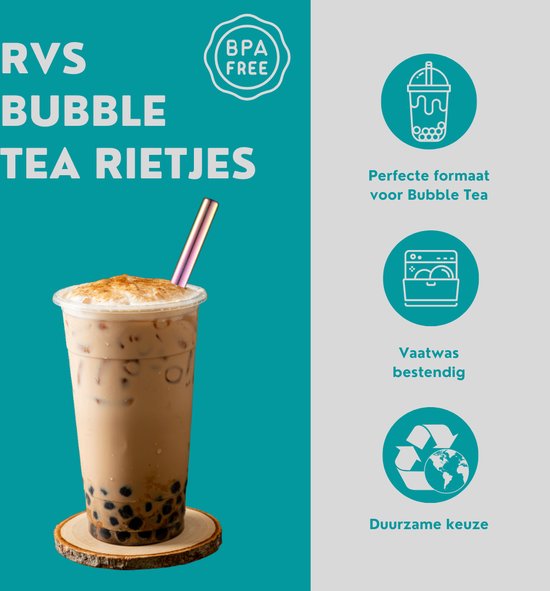 RVS Bubble Tea Rietjes met Opbergzak en Schoonmaakborstel - Rainbow - Herbruikbaar - Extra groot - RVS Rietjes - Dikke Rietjes - Vaatwasbestendig - Milk Tea - Bubble Tea - Boba - Smoothie - JS Goods