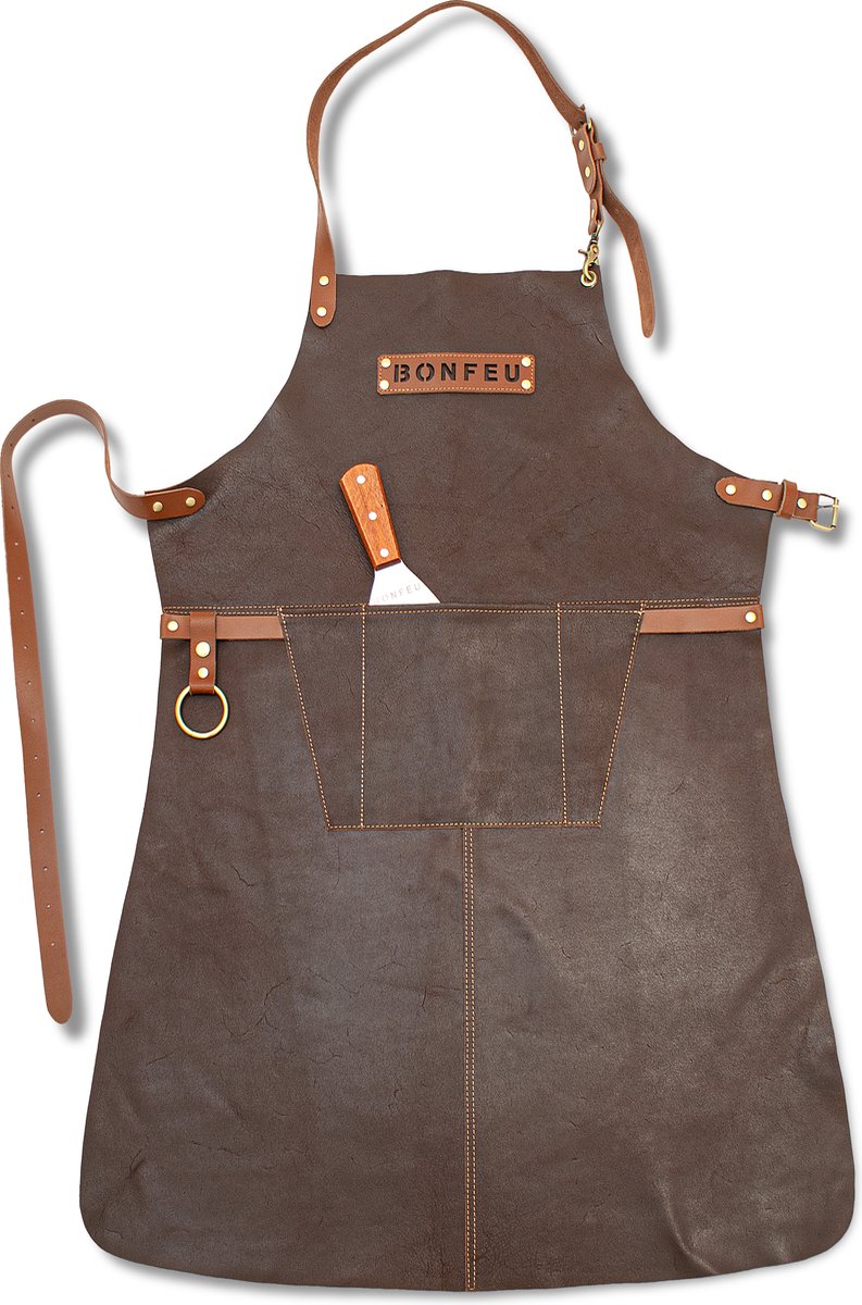 BonFeu Leren Schort Luxe - Lederen Schort - BRUIN - Kokschort - Kookschort - BBQ Schort - Vaderdag - Stoer Cadeau voor Man Vader Opa Papa - One size - L 87 x B 65 cm